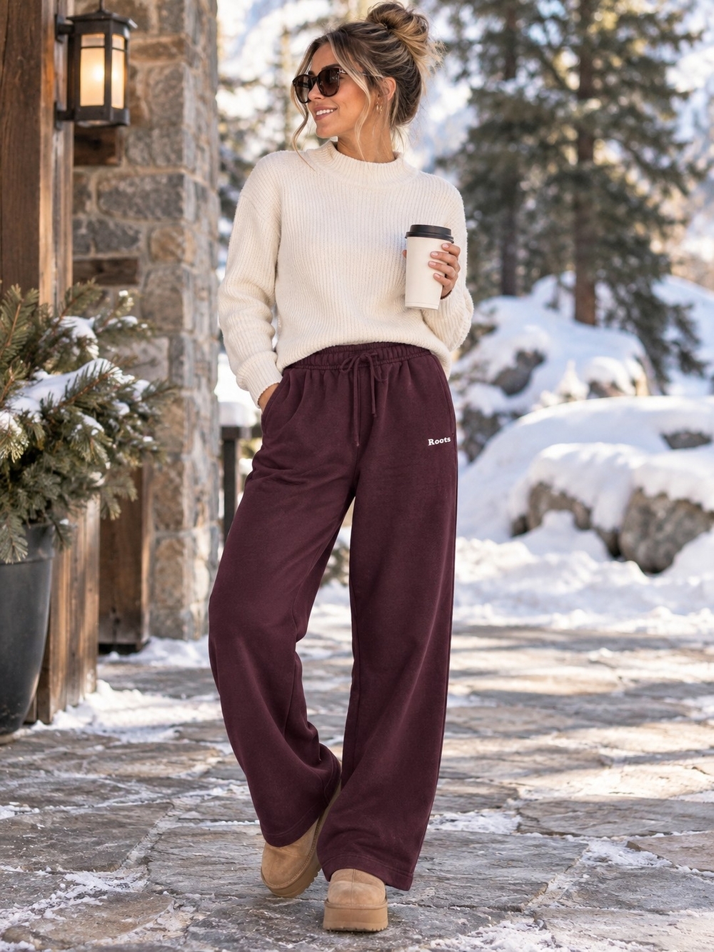 Roots Organic Cotton Heavyweight Fleece Wide Leg Sweatpants Burgundy Small